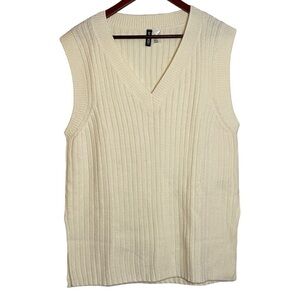 Divided H&M Cream Sweater Vest Ribbed V Neck Split Hem Acrylic Small Oversized